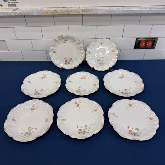 Antique European Porcelain Plates Set of 8 Hand Painted Floral Gilt Rim