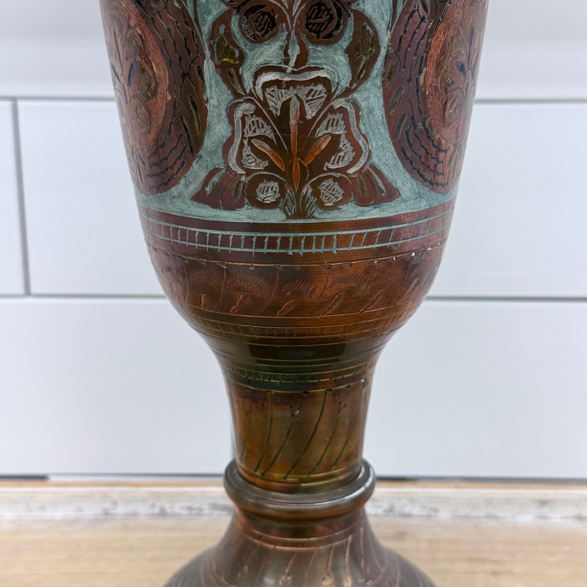 PENCO Indian Brass Engraved Floral Pedestal Vase 17”