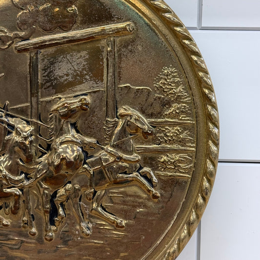 English Brass Horse Carriage Repousse Wall Plate Vintage Decor