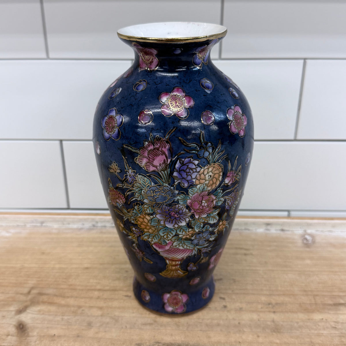 Cobalt Blue Floral Porcelain Vase Gold Trim Chinoiserie