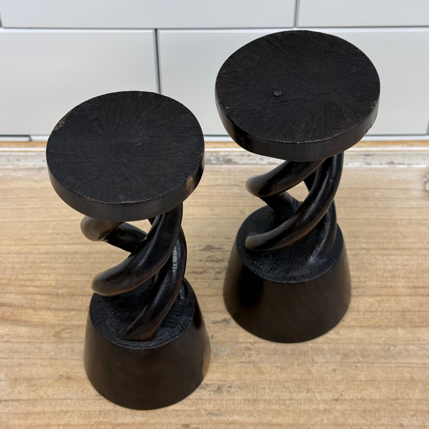 Hand Carved Twisted Helix Wood Candlestick Holders, Set of 2