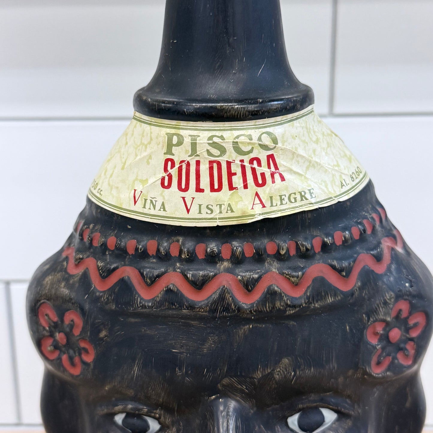Pisco Soldeica Peru Figural Pisco Bottle Hand Painted Glass 1980s