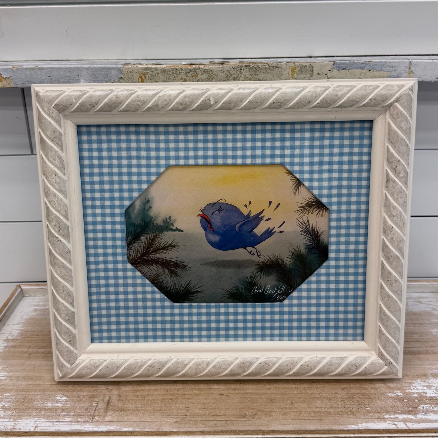 Carol Crockett Signed Art Print Blue Bird Farmhouse Decor 1990s