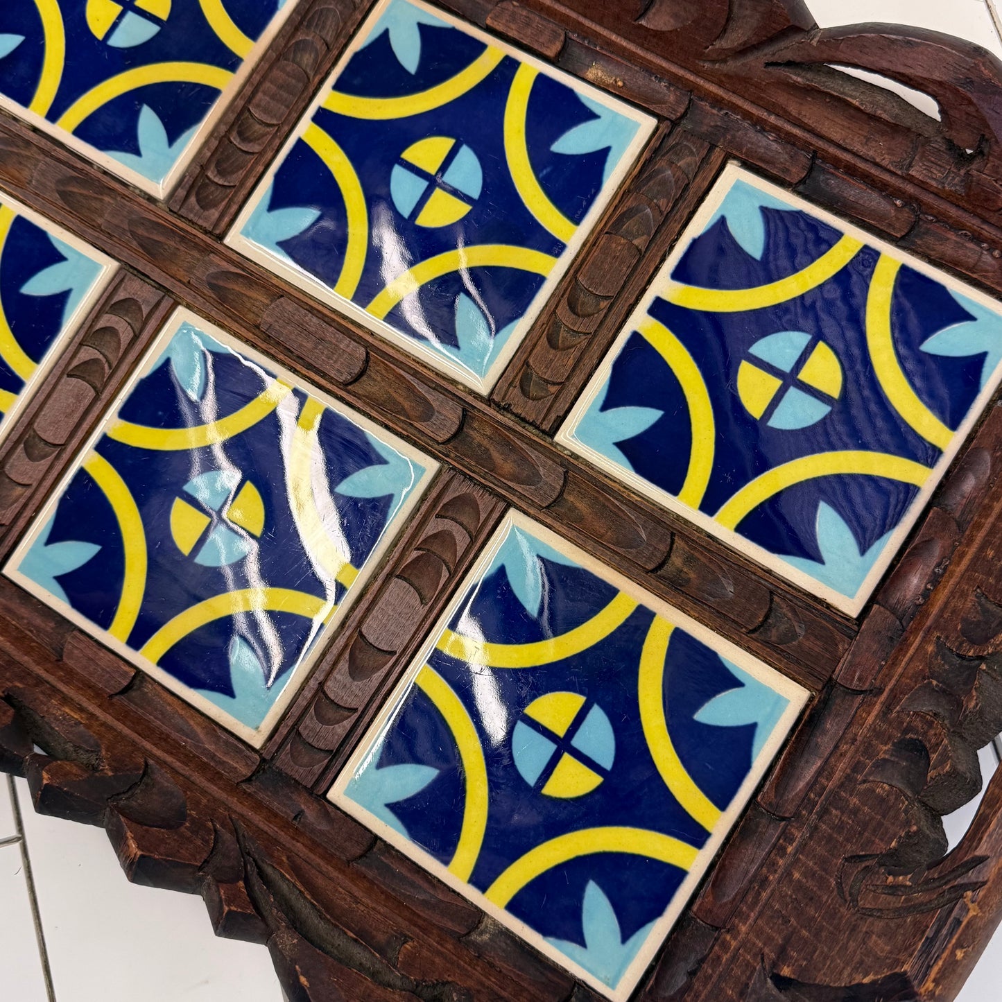 Carved Wood Ceramic Tile Serving Tray Vintage 20”
