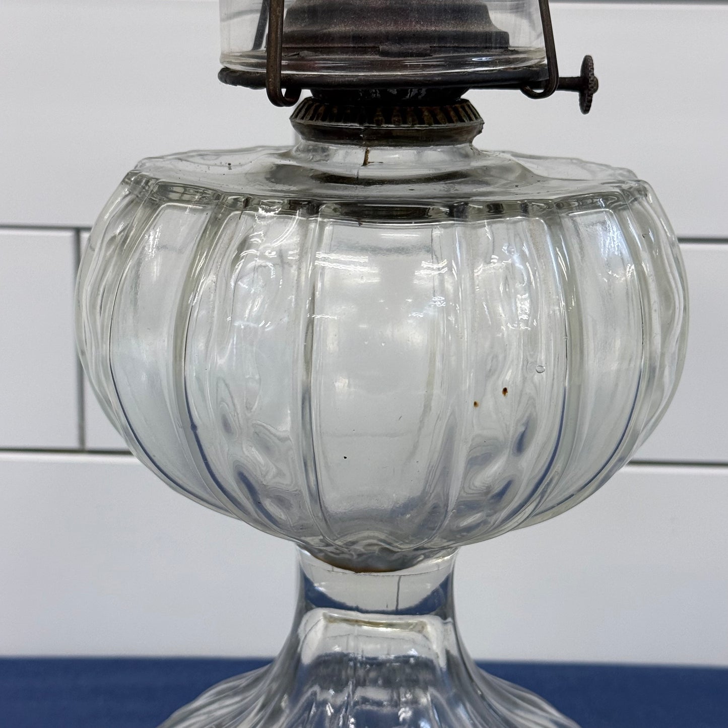 Giant Brand Clear Glass Oil Lamp with Etched Floral Glass Chimney