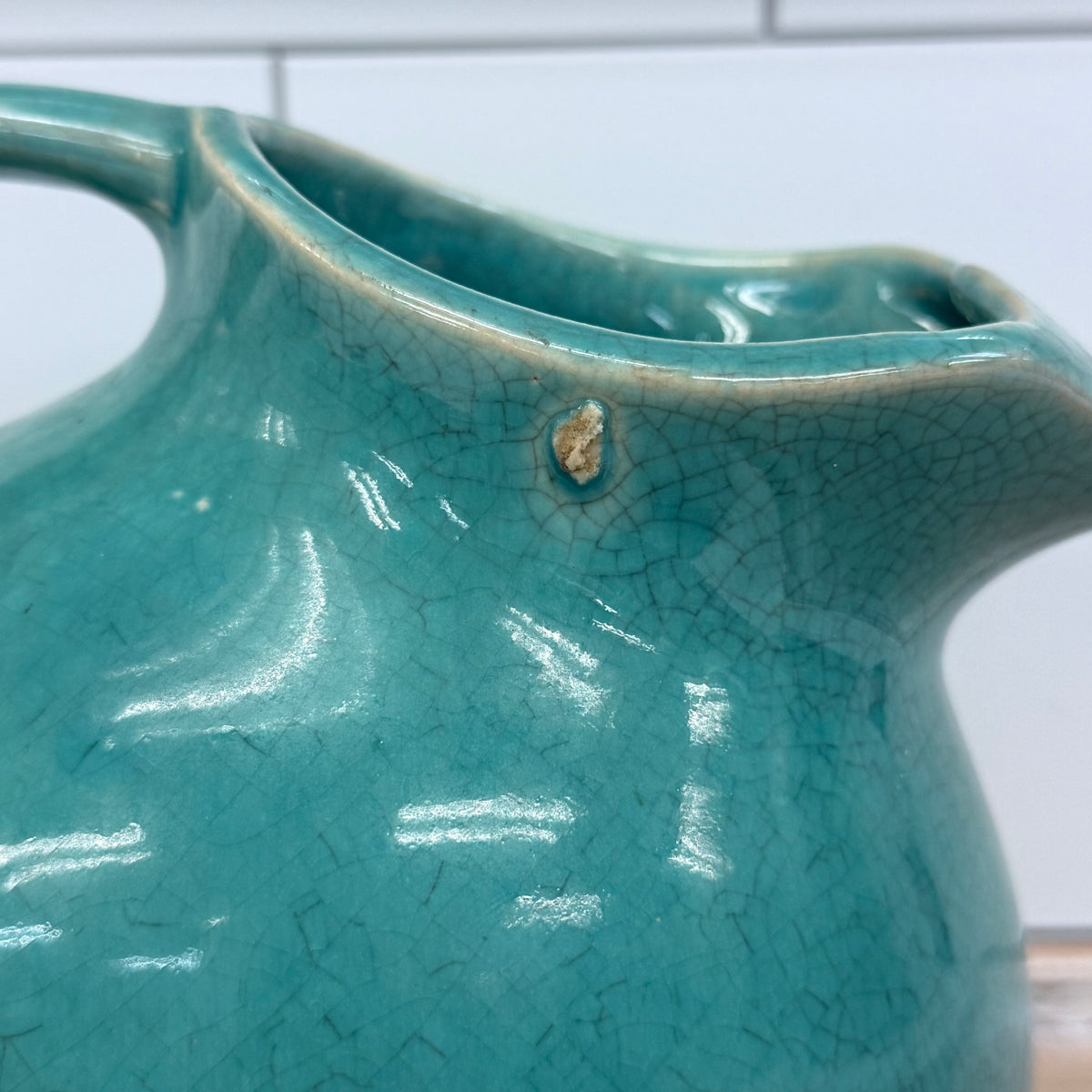 Turquoise Blue Crackle Glaze Ceramic Pottery Pitcher