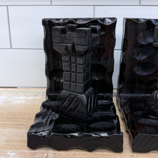 Spanish Carved Wood Bookends Castle Turret Medieval Style Pair