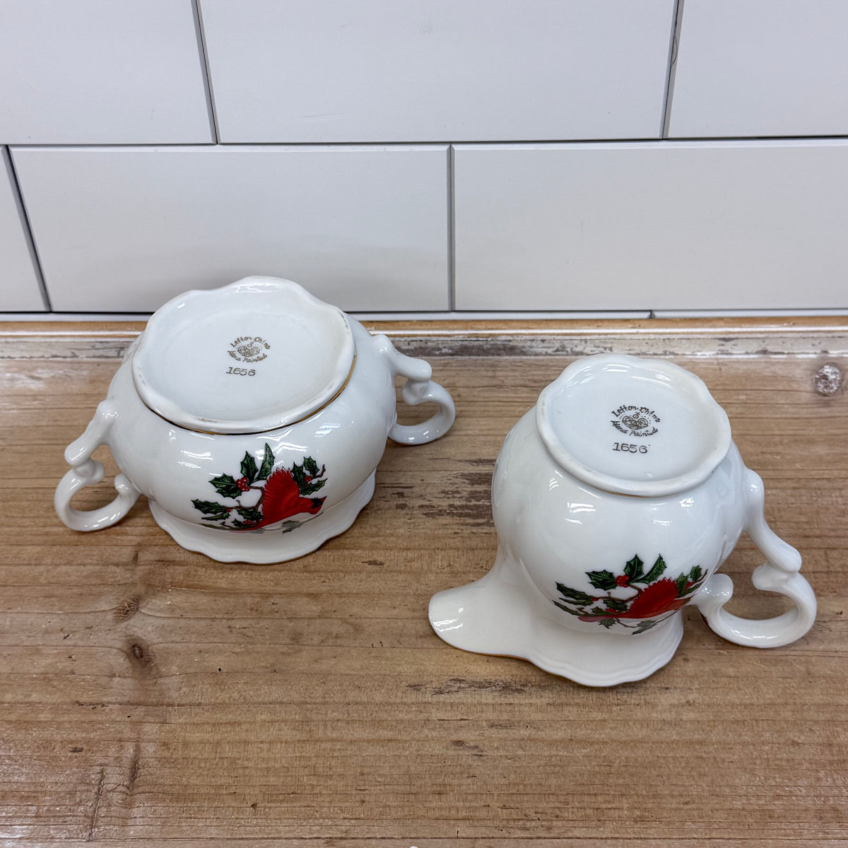 Lefton Cardinal Holly Creamer & Sugar Bowl Christmas