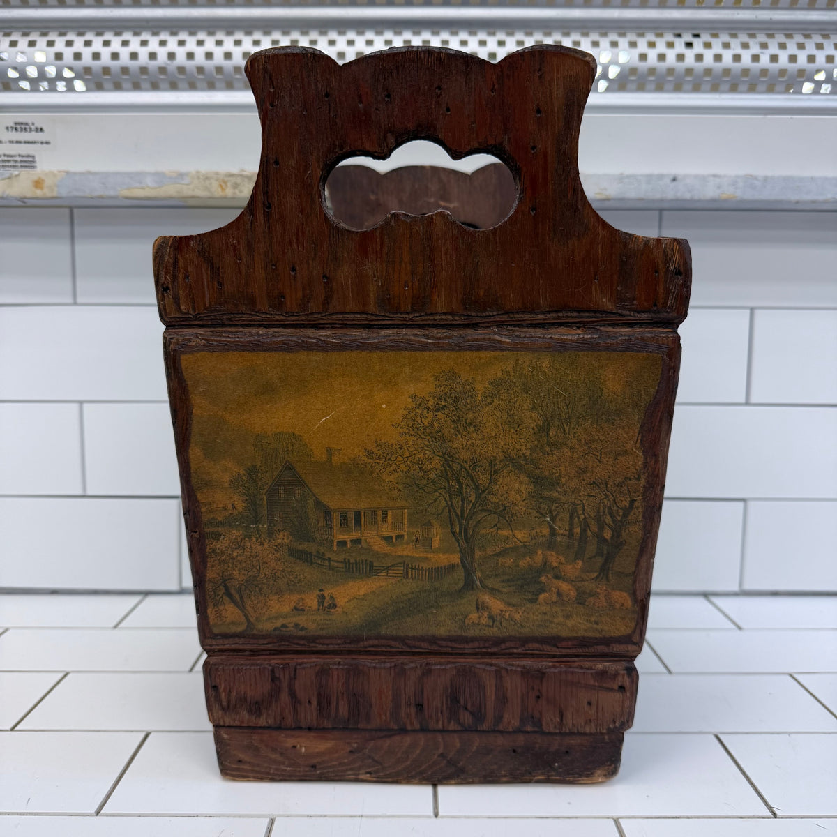 Colonial Americana Wood Wastebasket Scenic Panels