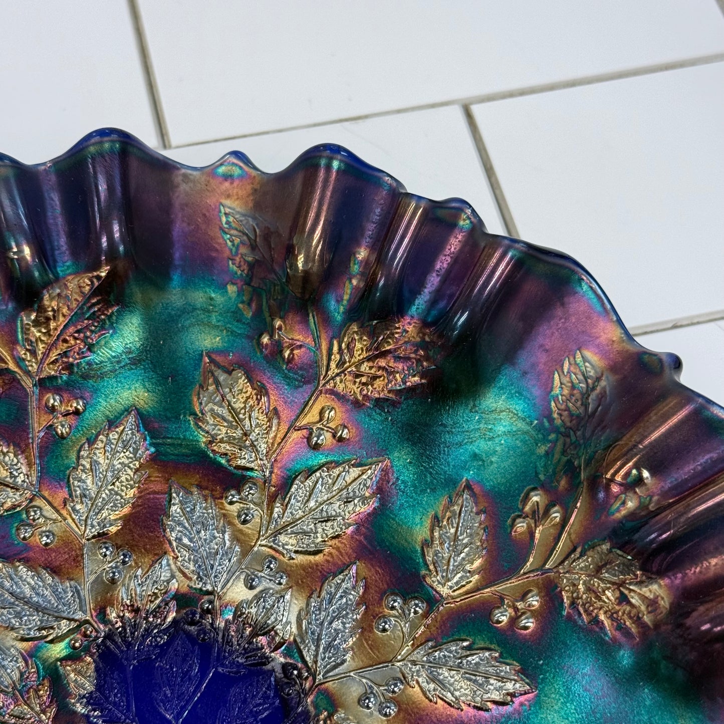 Fenton Holly Carnival Glass Ruffled Bowl Blue Iridescent