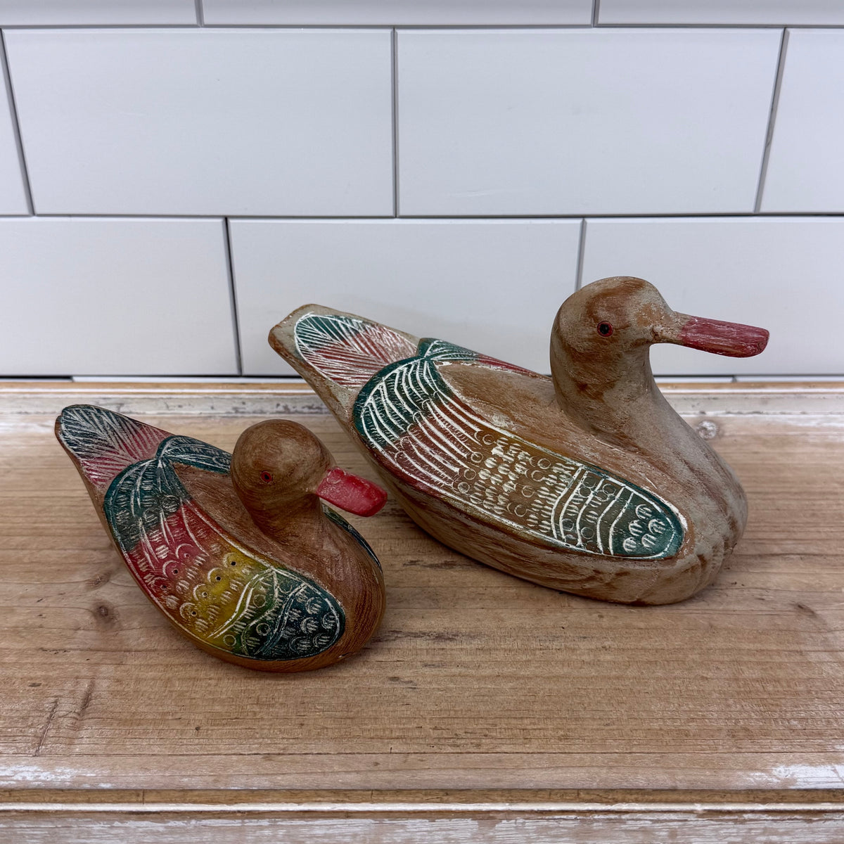 Hand Painted Wood Duck Decoy Figurines Thailand Set