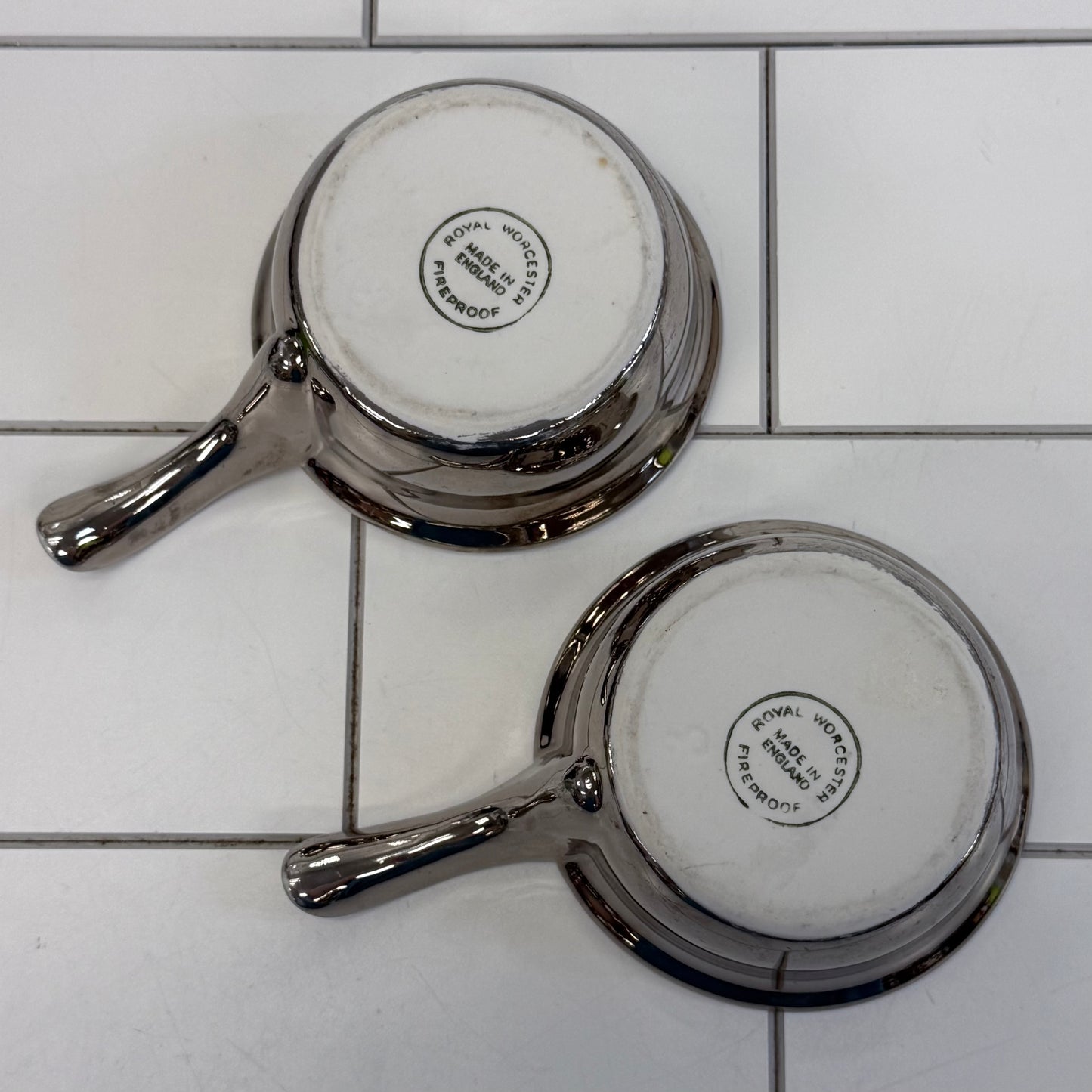 Royal Worcester Cocottes True Silver Lustre, Porcelain Set of 2