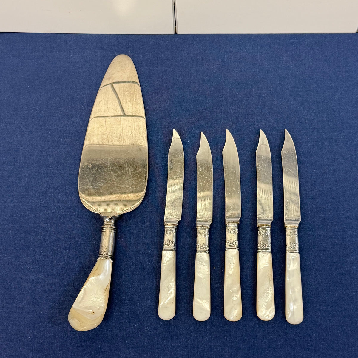 L.F.& C. Mother of Pearl Fruit Knives & Cake Server Set 1890s