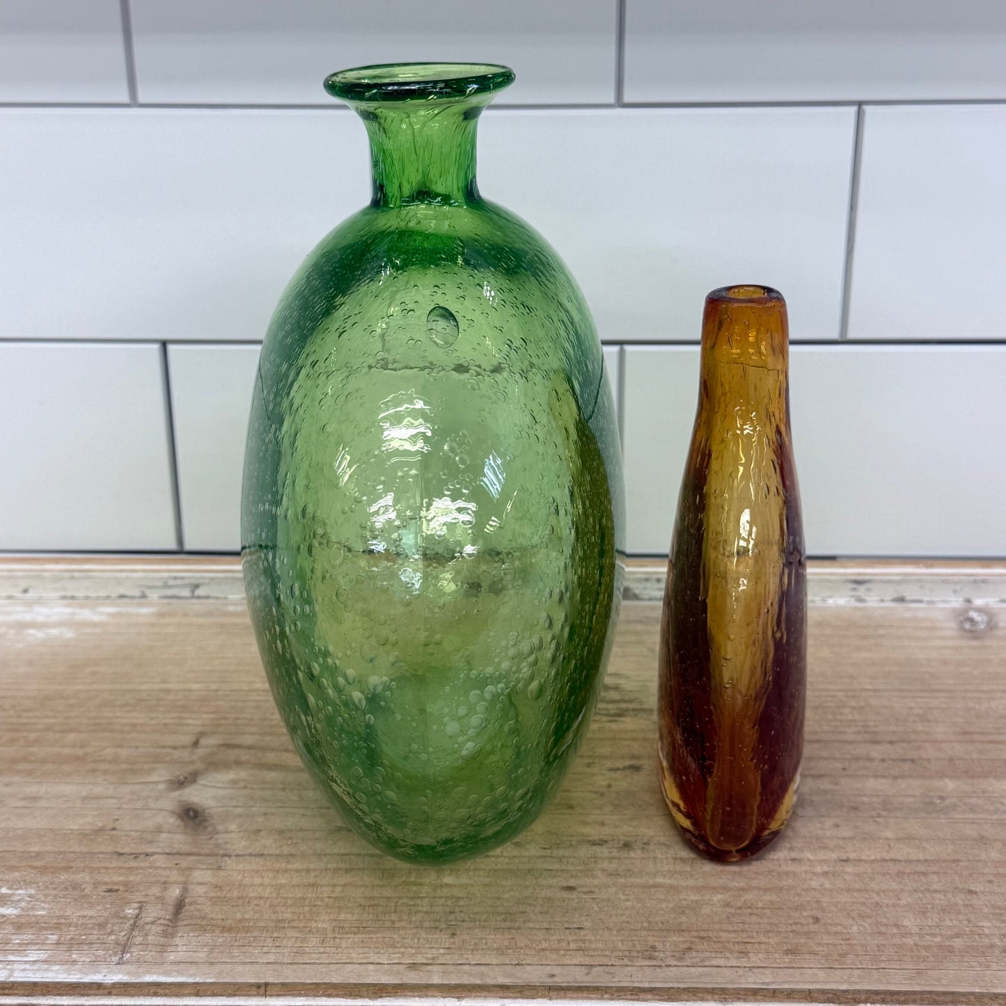 Mexican Seeded Art Glass Vases Green & Amber Hand Blown Set of 2