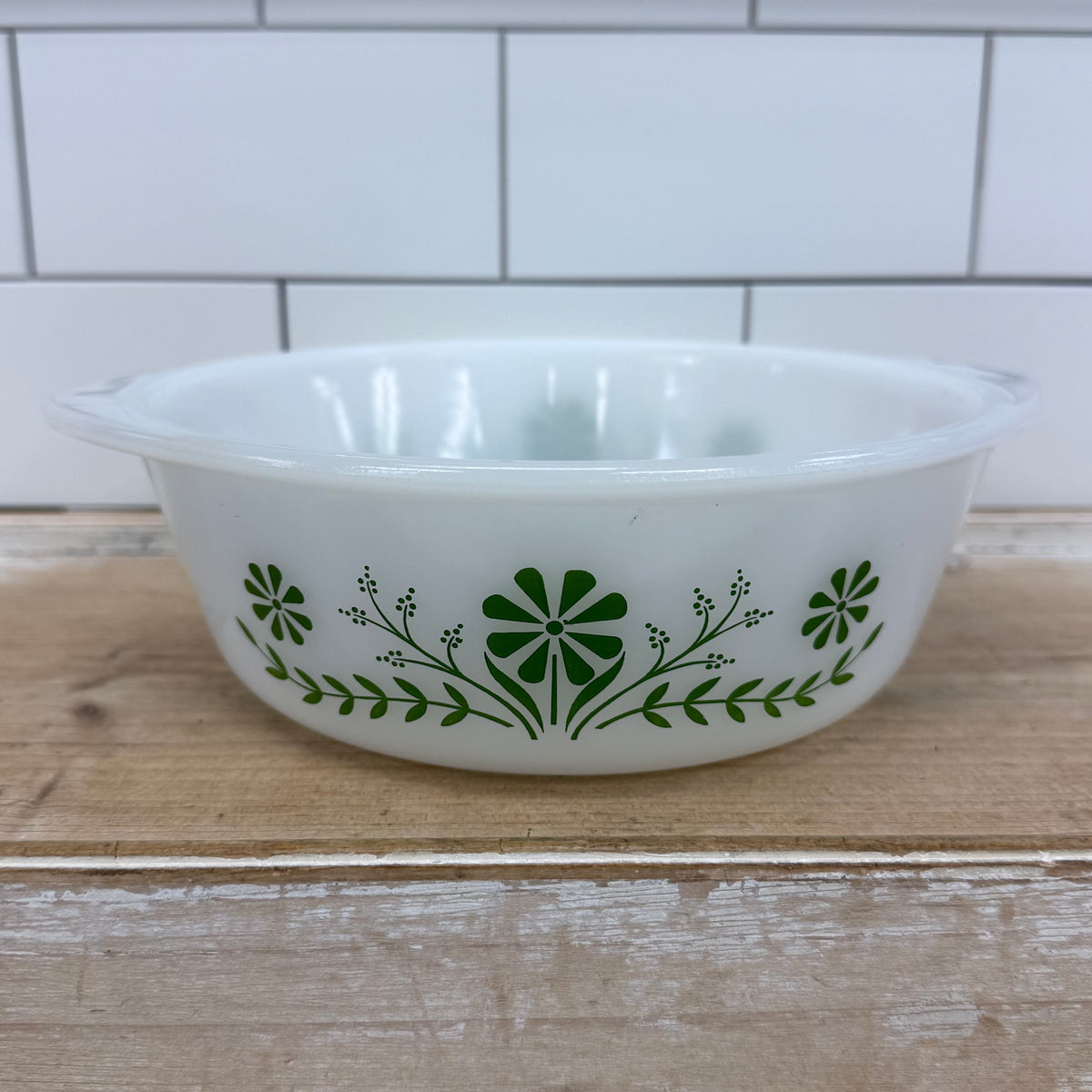 Glasbake Green Daisy Milk Glass Casserole Dish