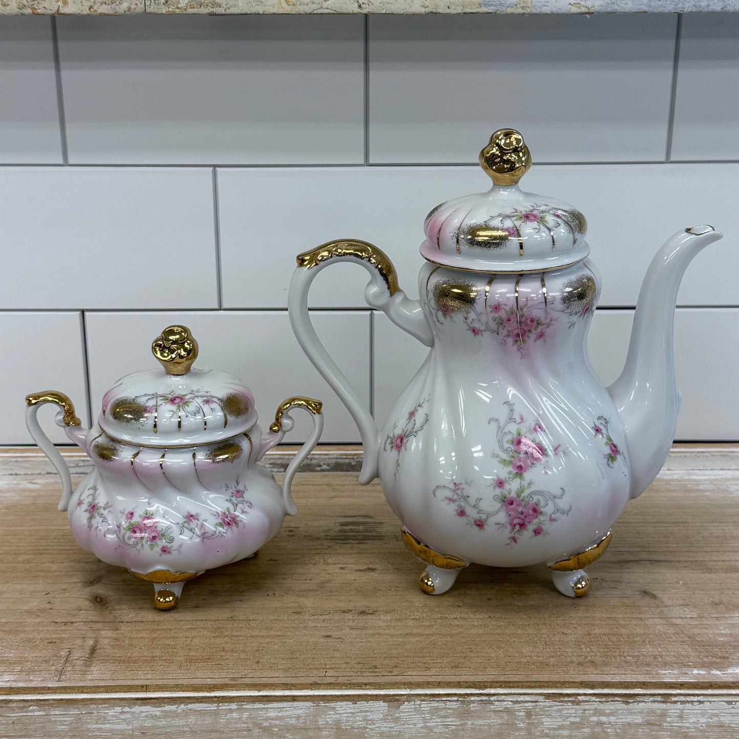 Lefton Heirloom Rose Teapot & Sugar Bowl Porcelain