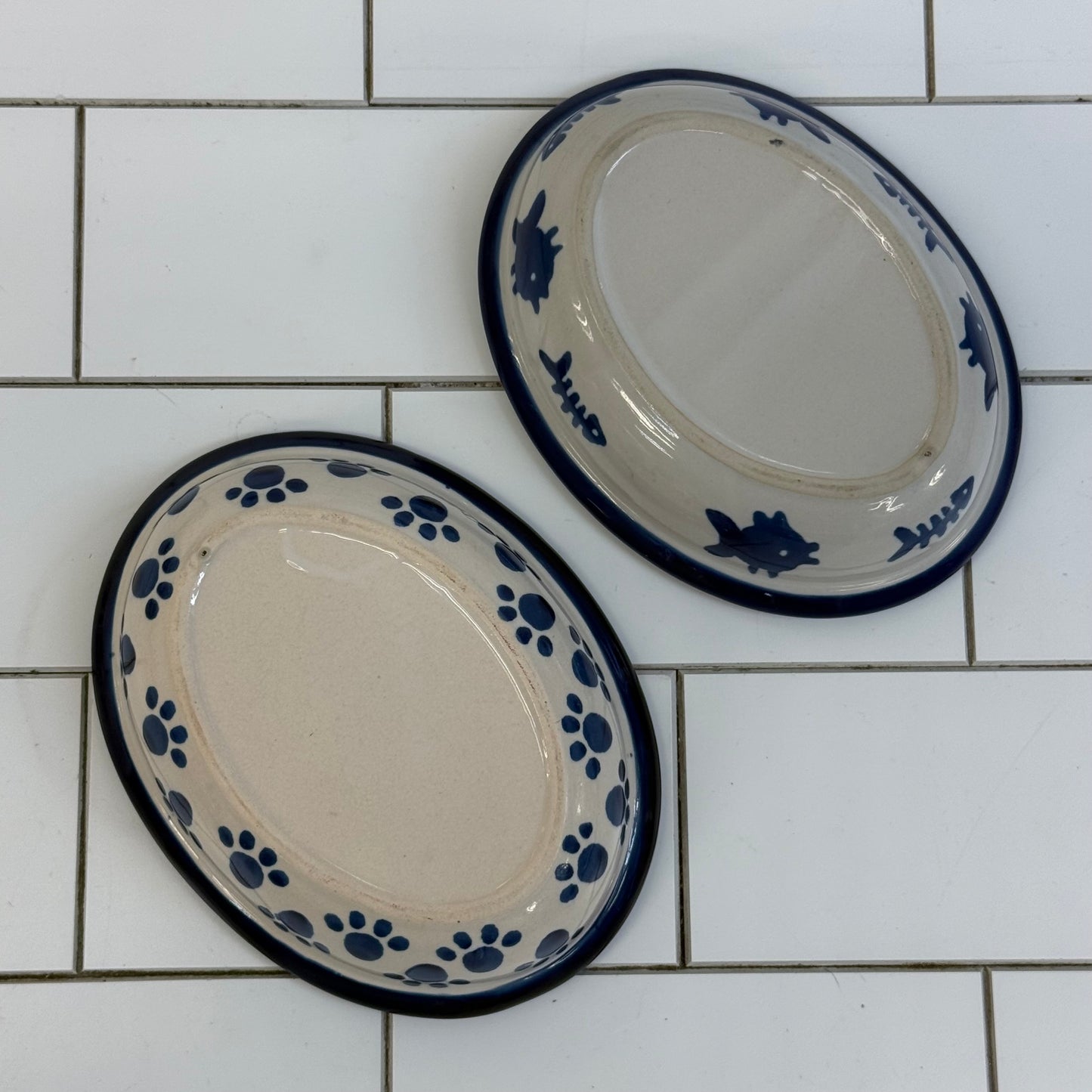 Blue & White Cat Pet Bowls Set of 2 Stoneware