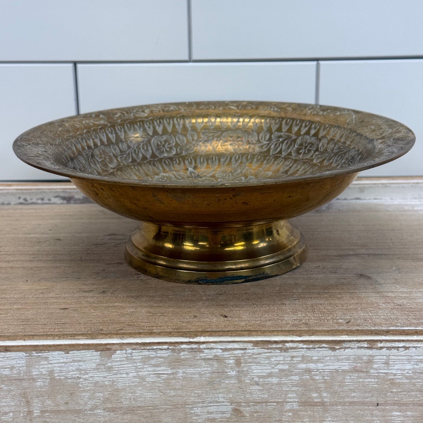 Etched Floral Brass Compotes Set of 2 Vintage Pedestal Bowls