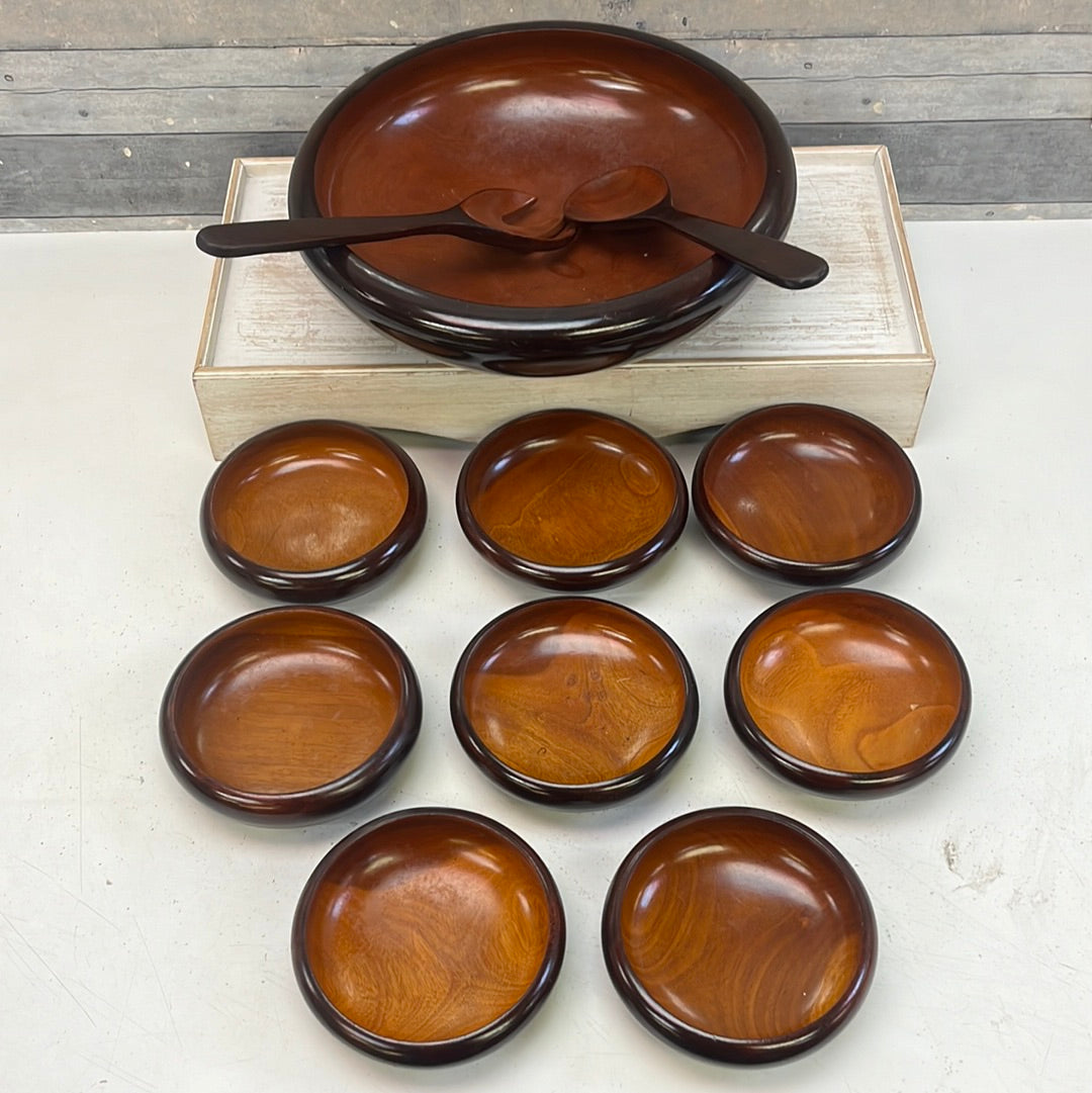 Vintage CaribCraft Mahogany Salad Bowl Set, 11 Piece