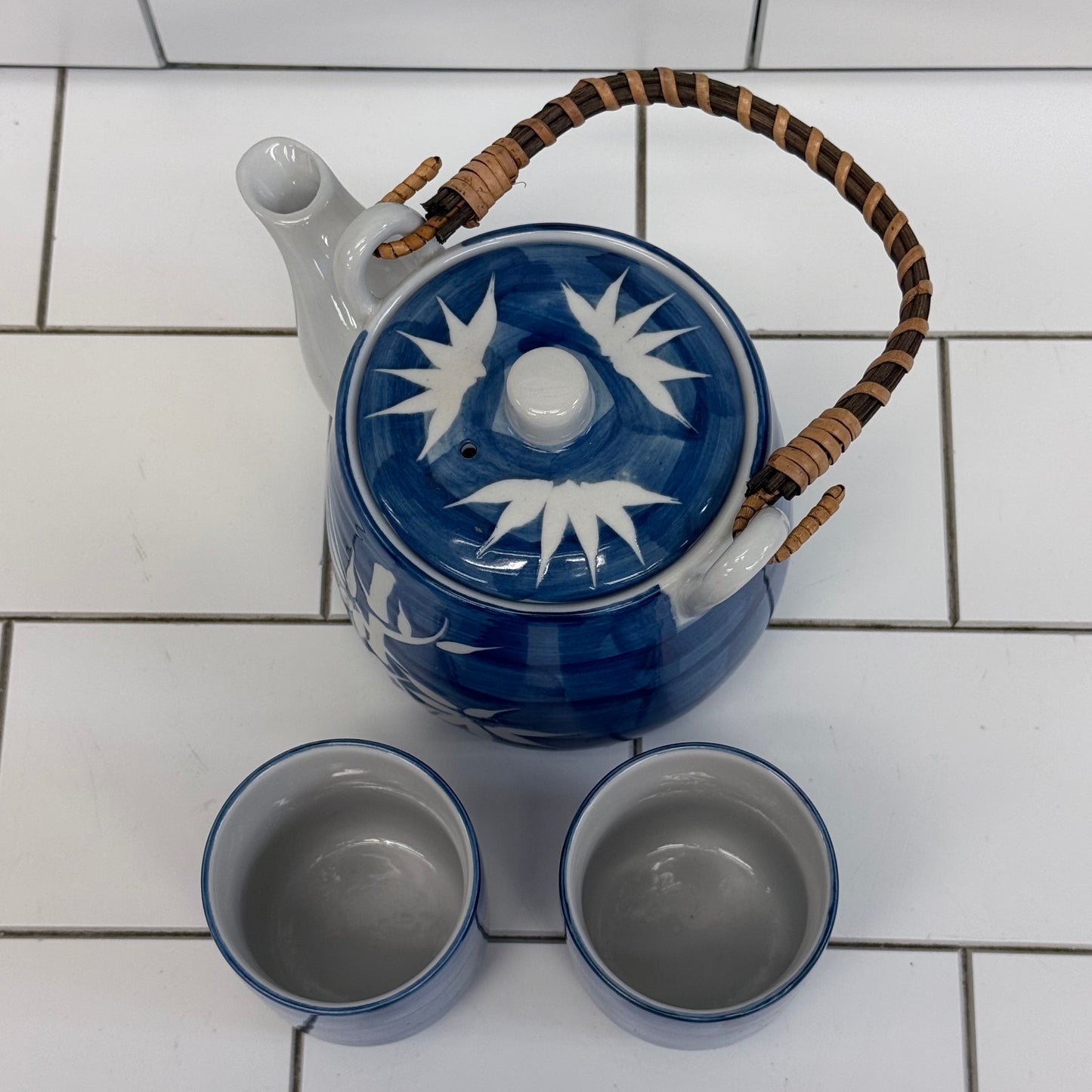 Blue Bamboo Porcelain Teapot Tea Set with Infuser & 2 Cups
