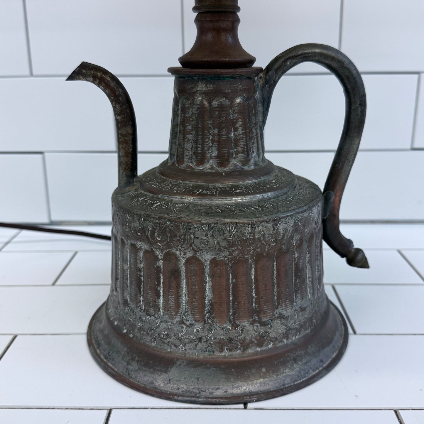 Vintage Kettle Table Lamp with Whipstitch Shade