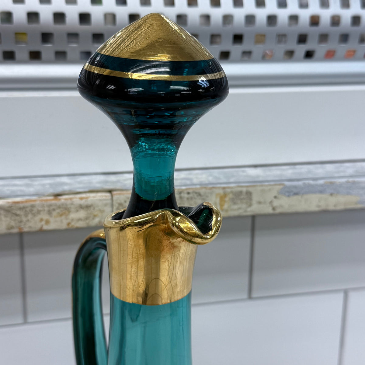 Italian Blue Glass Decanter & 6 Goblets Gold Floral Set