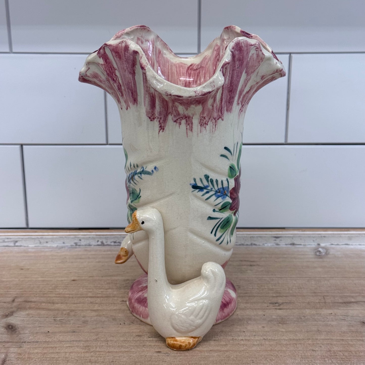 Japanese Figural Geese Floral Ceramic Vase 1950s