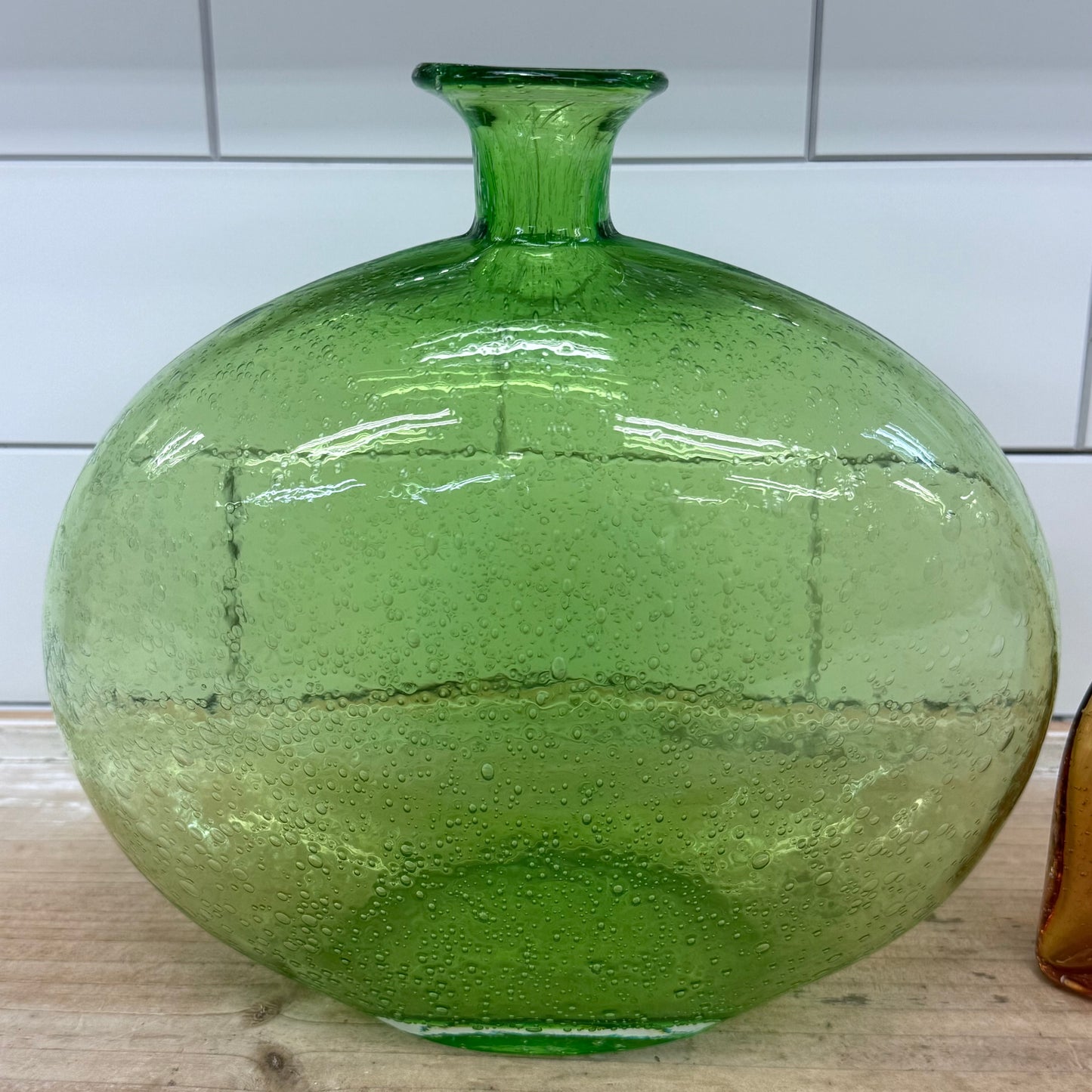 Mexican Seeded Art Glass Vases Green & Amber Hand Blown Set of 2