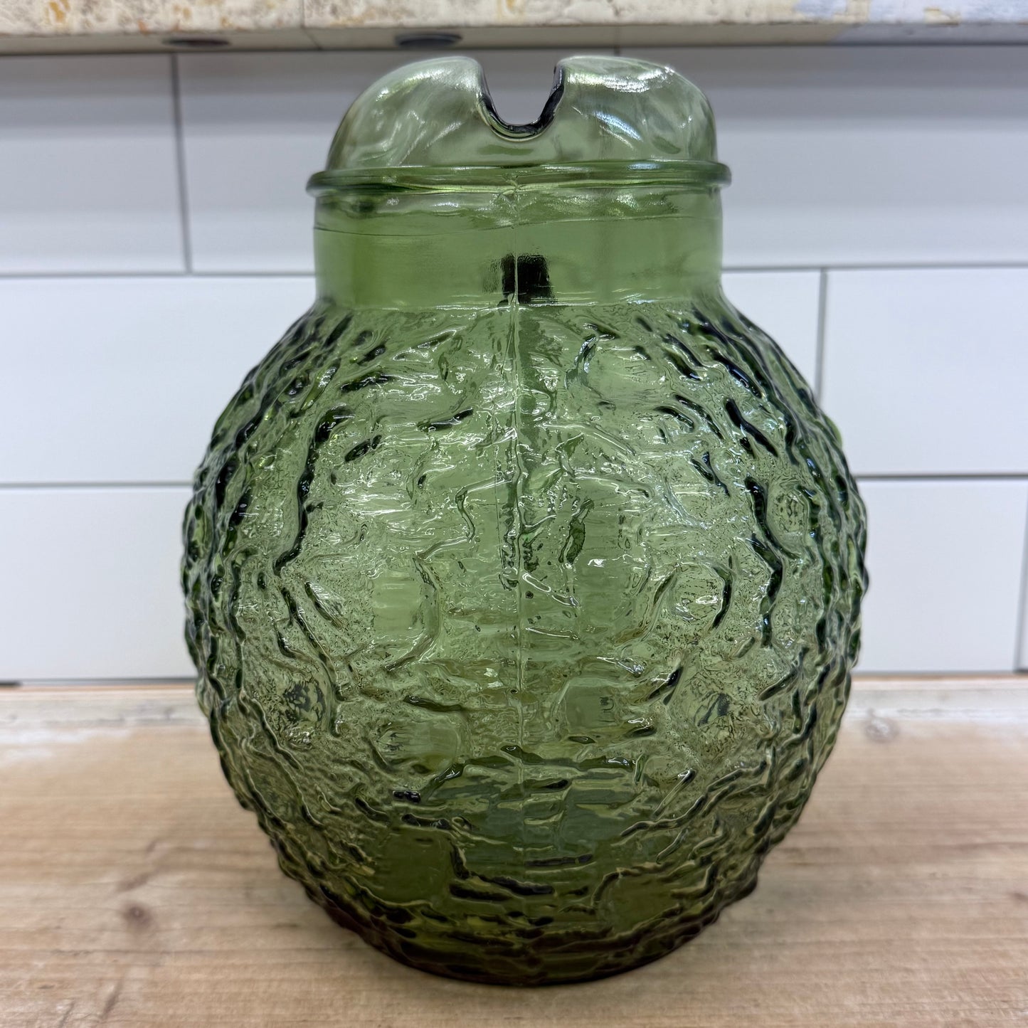 Anchor Hocking Lido Milano Avocado Green Glass Pitcher 1970s
