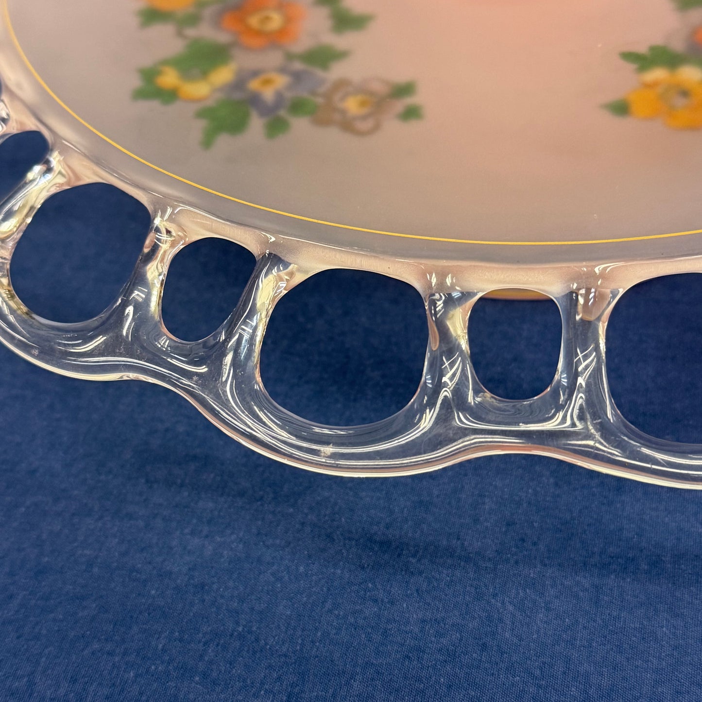 Pink Frosted Glass Floral Openwork Handled Serving Plate