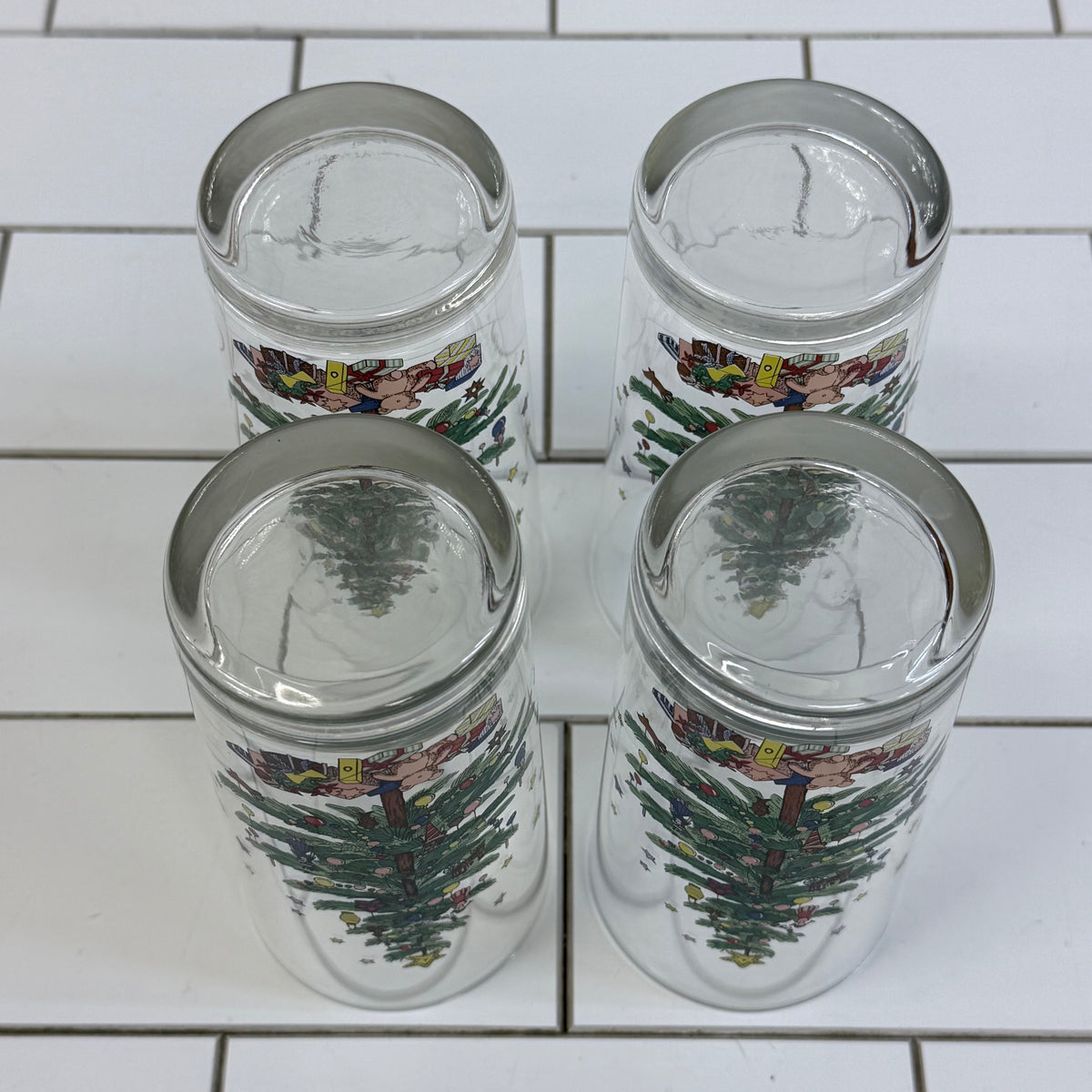 Nikko Christmas Tree Teddy Bear Highball Glass Tumblers Set of 4