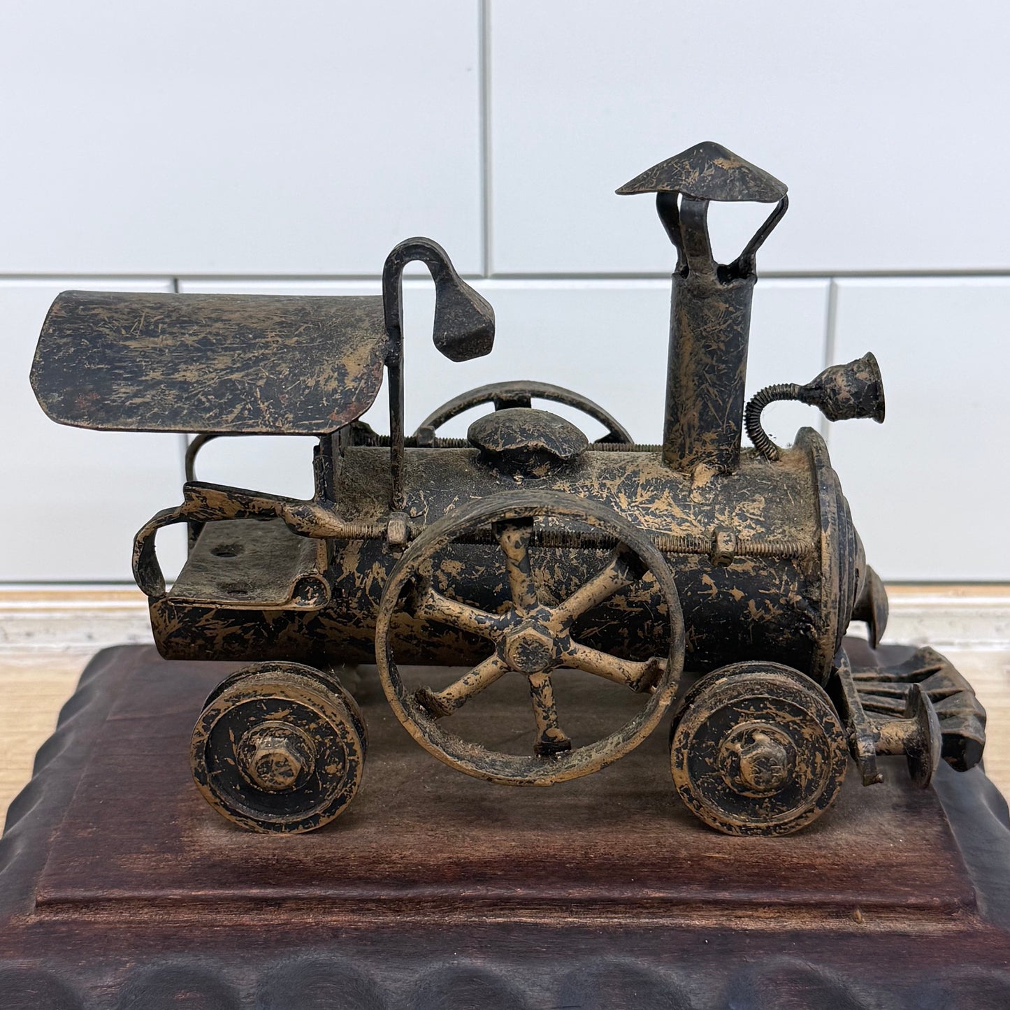 Steam Locomotive Metal Sculpture on Carved Wood Base