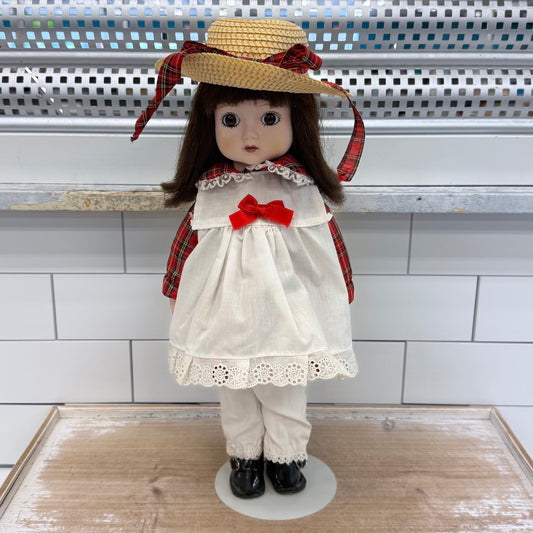 Musical Porcelain Doll in Plaid Dress with Stand & Music Box