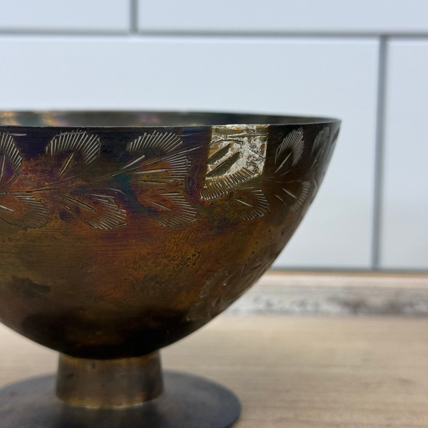 Etched Floral Brass Compotes Set of 2 Vintage Pedestal Bowls