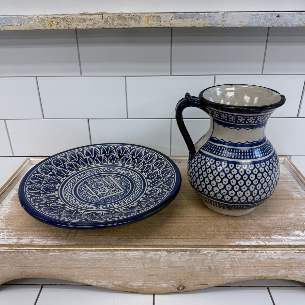 Moroccan Fez Blue White Pottery Pitcher & Plate Hand Painted