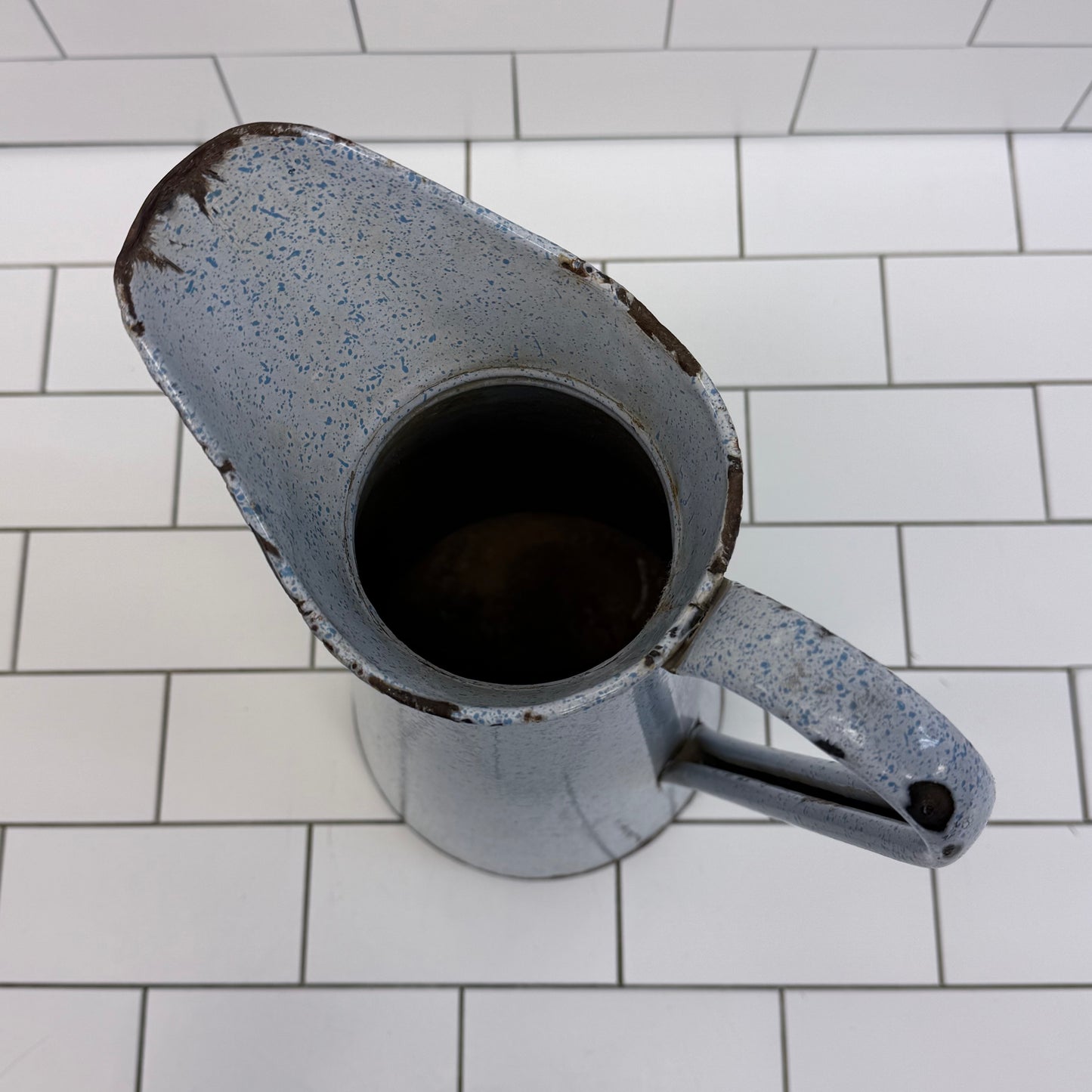 Vintage Blue Speckled Enamelware Pitcher Farmhouse Decor