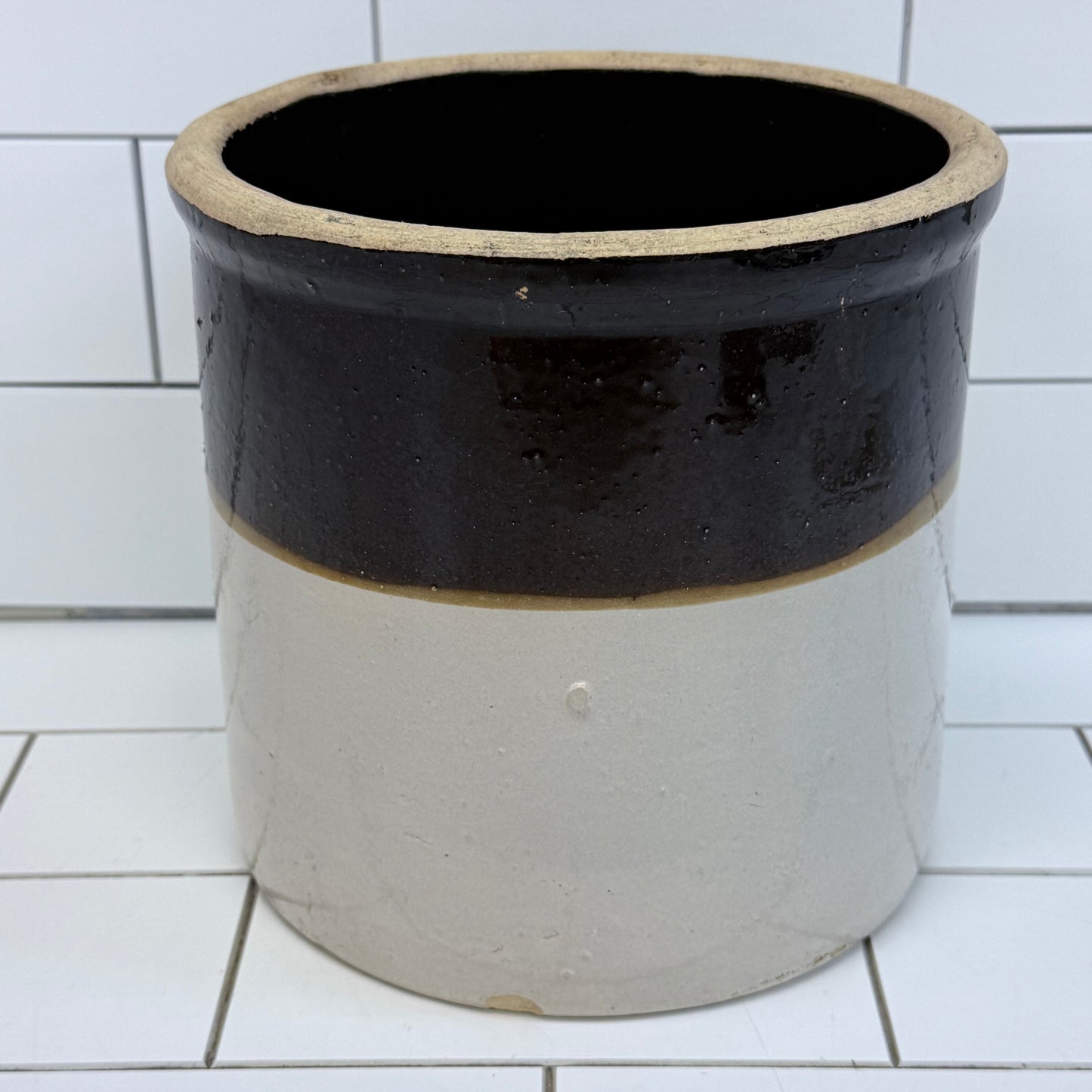 Vintage Two-Tone Glazed Stoneware Crock 1940s-1950s