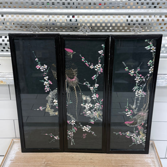Vintage Chinoiserie Silk Bird Blossom Paintings Set of 3