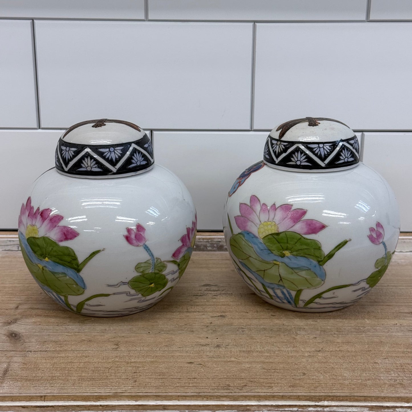 Toyo Porcelain Ginger Jars Bird & Dragonfly Set of 2 Japan
