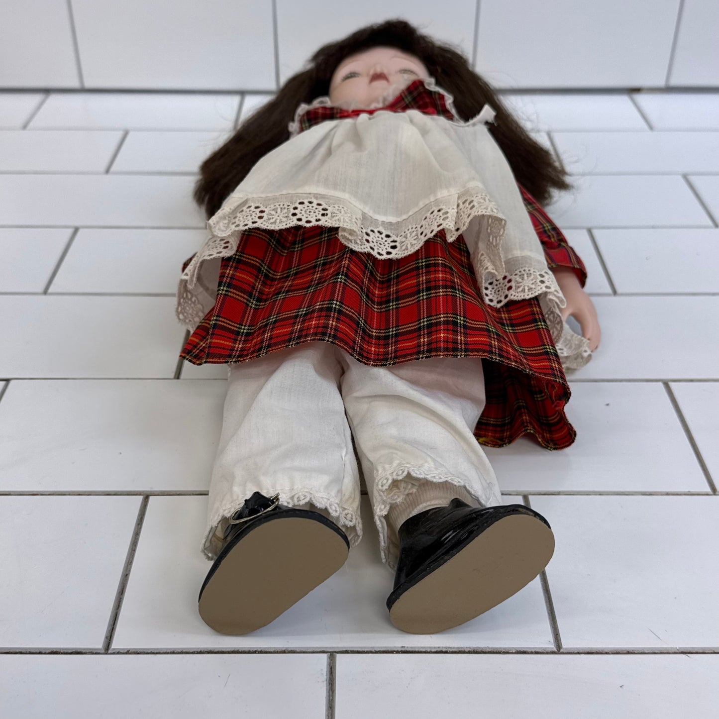 Musical Porcelain Doll in Plaid Dress with Stand & Music Box