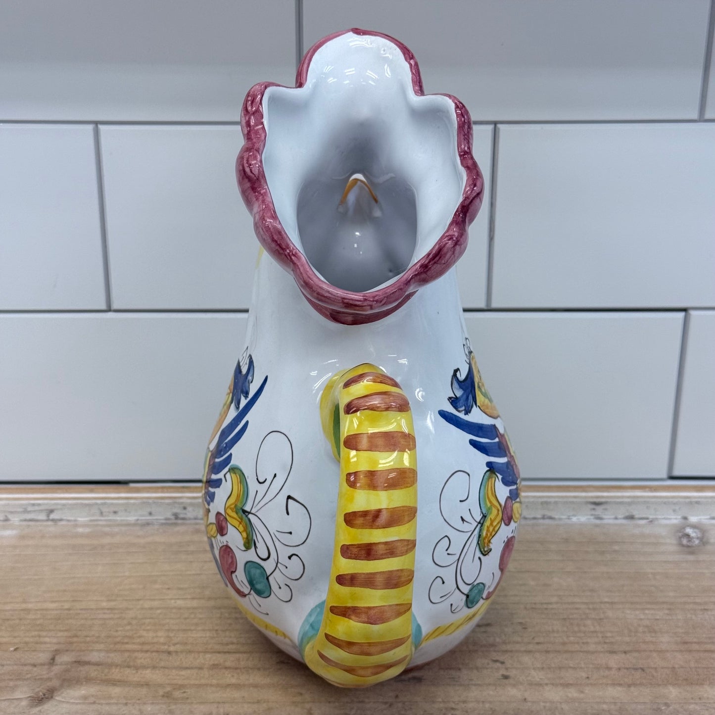 Italian Hand Painted Rooster Ceramic Pitcher Majolica Style