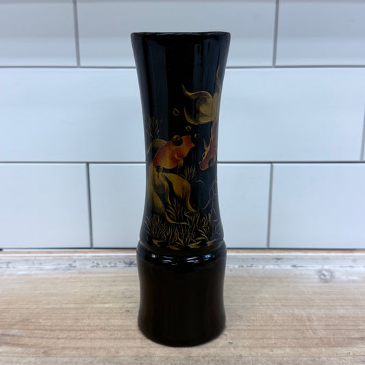 Black Lacquer Vase Goldfish Motif Chinoiserie Decor 1960s