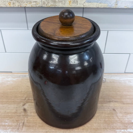 Stoneware Storage Crock with Wooden Lid Brown Glazed Kitchen Jar
