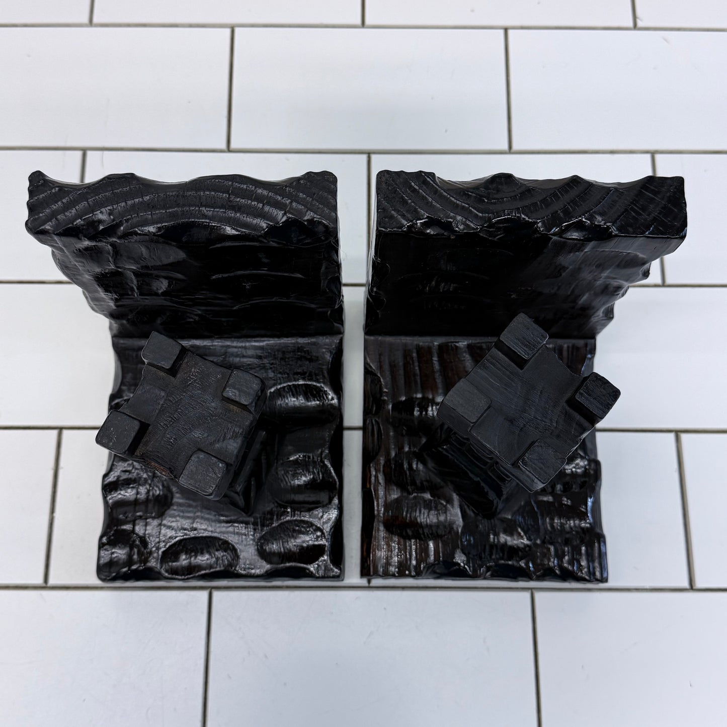 Spanish Carved Wood Bookends Castle Turret Medieval Style Pair