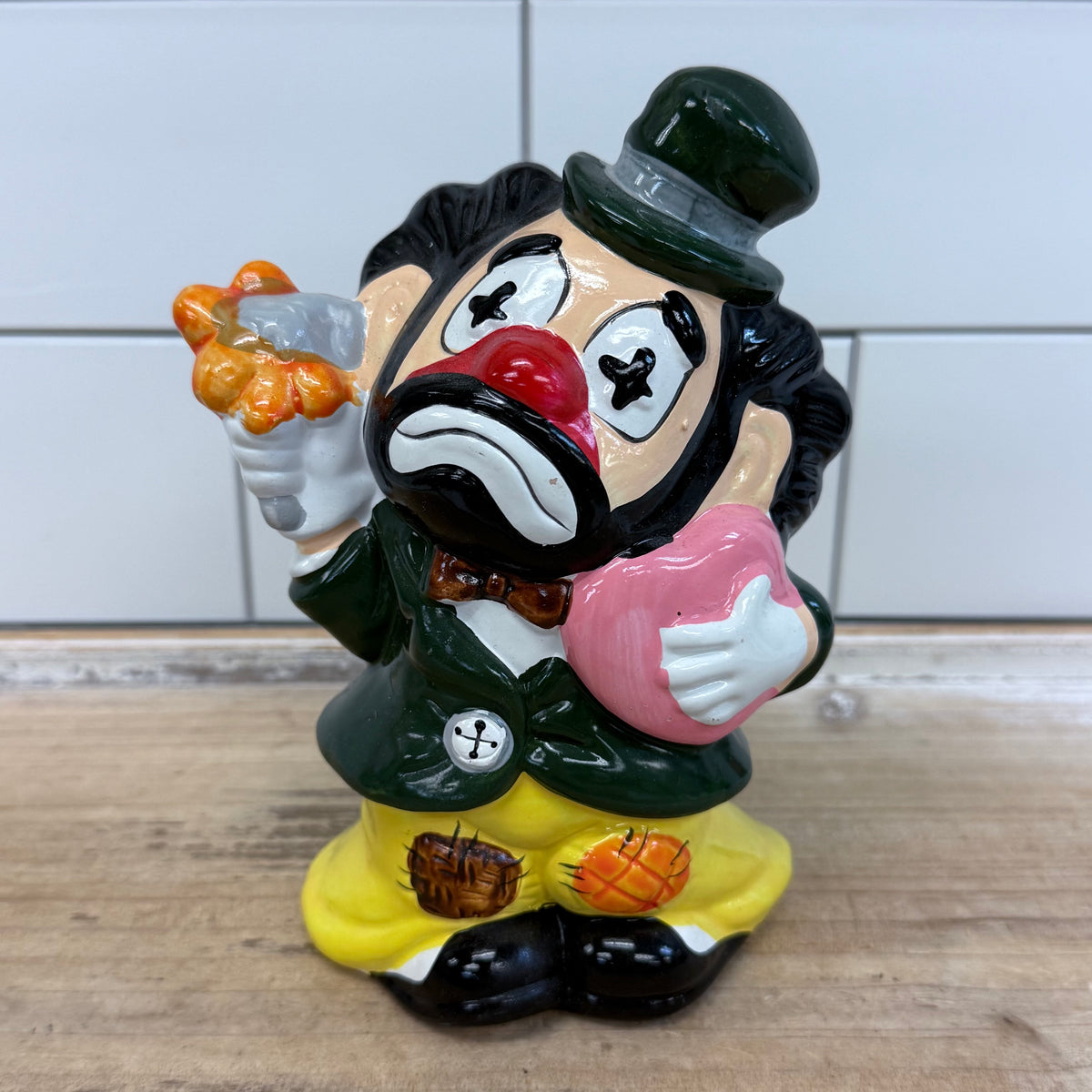 Vintage Ceramic Hobo Clown Savings Coin Bank with Original Box