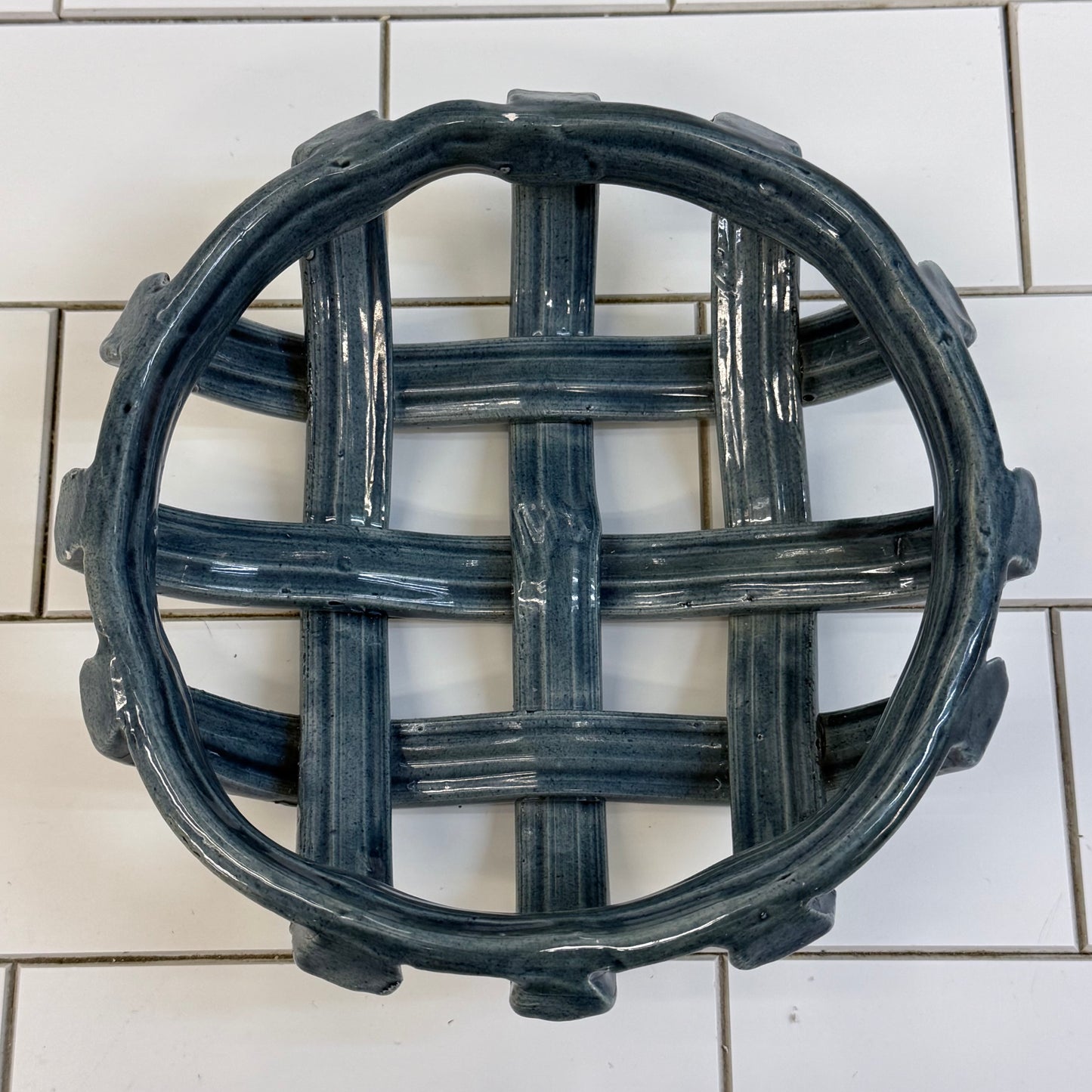 Studio Art Pottery Open Lattice Ceramic Bowl Blue Gray