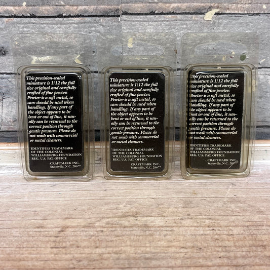 Colonial Williamsburg Pewter Miniatures in Box Set of 3, 1980s