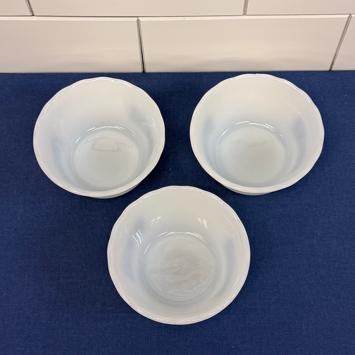 Currier & Ives Milk Glass Custard Cups Ramekins Set of 3, 1970s