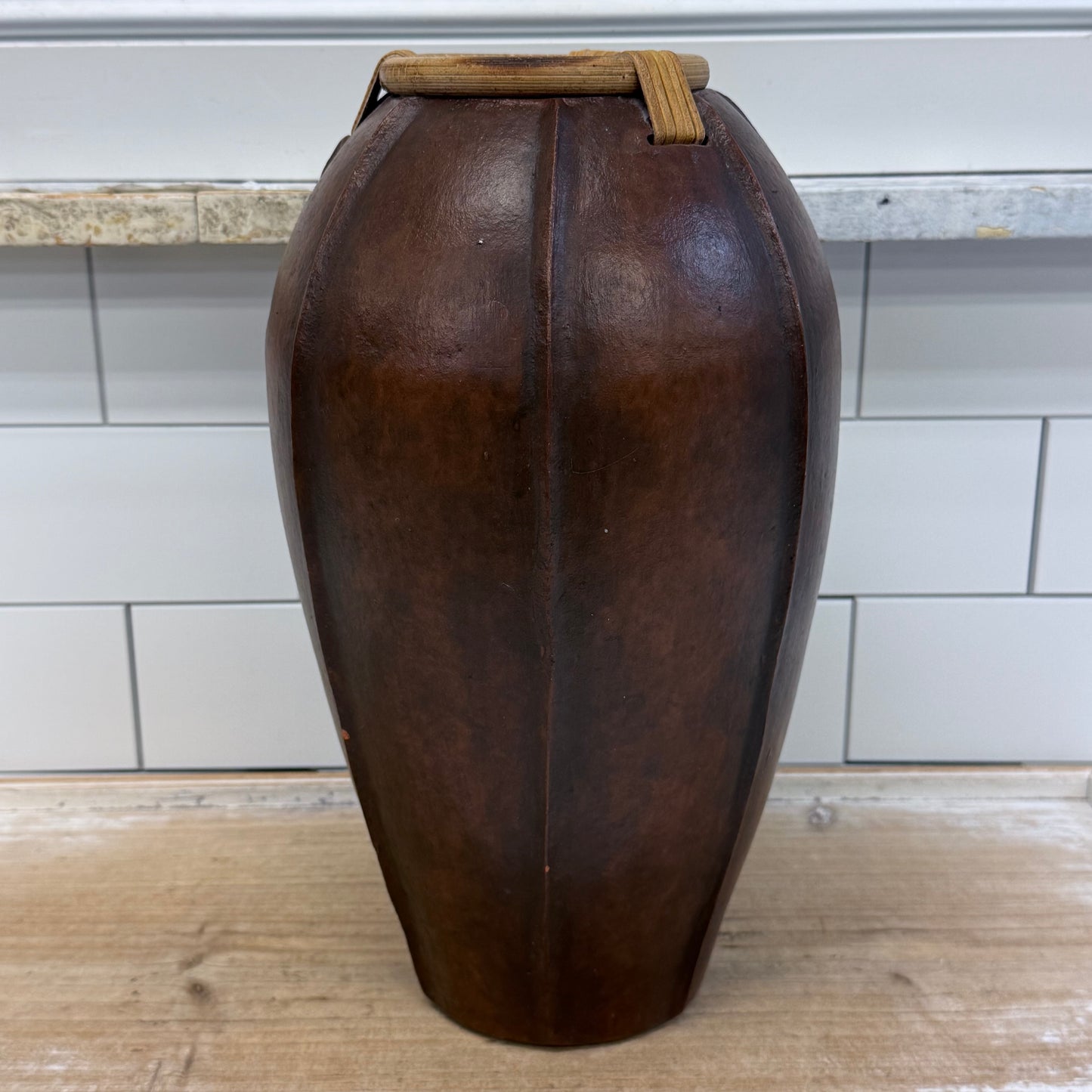 Hand Carved Philippine Wood Vase with Rattan Collar Decorative Vase