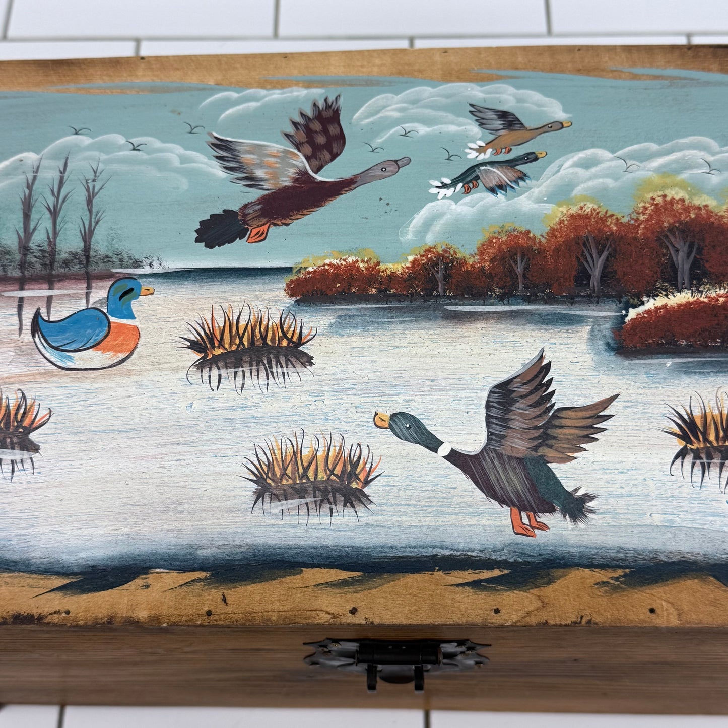 Hand Painted Duck Hunting Wooden Treasure Chest Storage Box Rustic